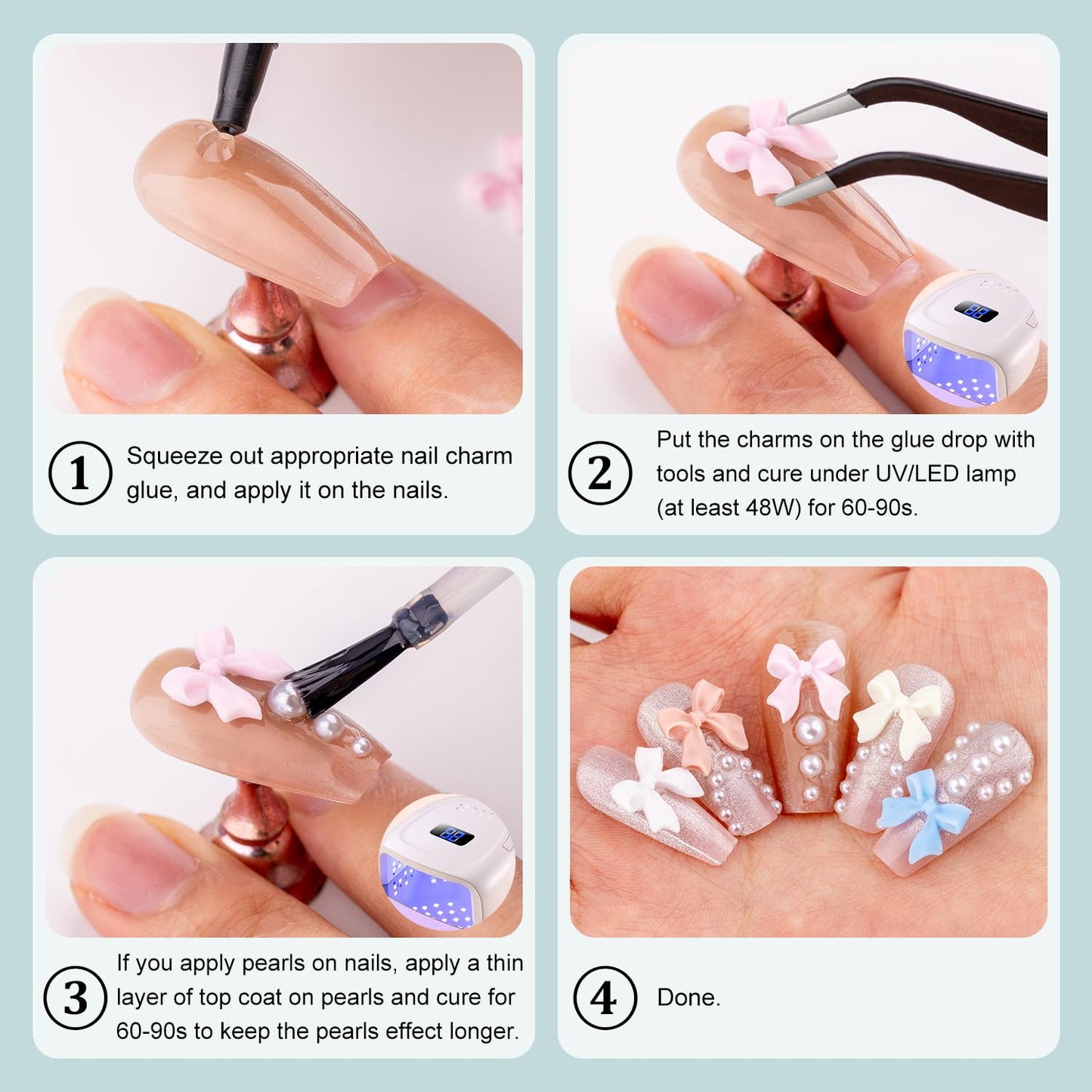 3D Nail Charms and Flatback Pearls #3, 600 Pcs Pink White Lilac Multi Styles Bowknot Charms + Pink&White Star Heart Nail Jewels + 2-6mm White Nail Pearls for Nail Art Design with Pickup Tools