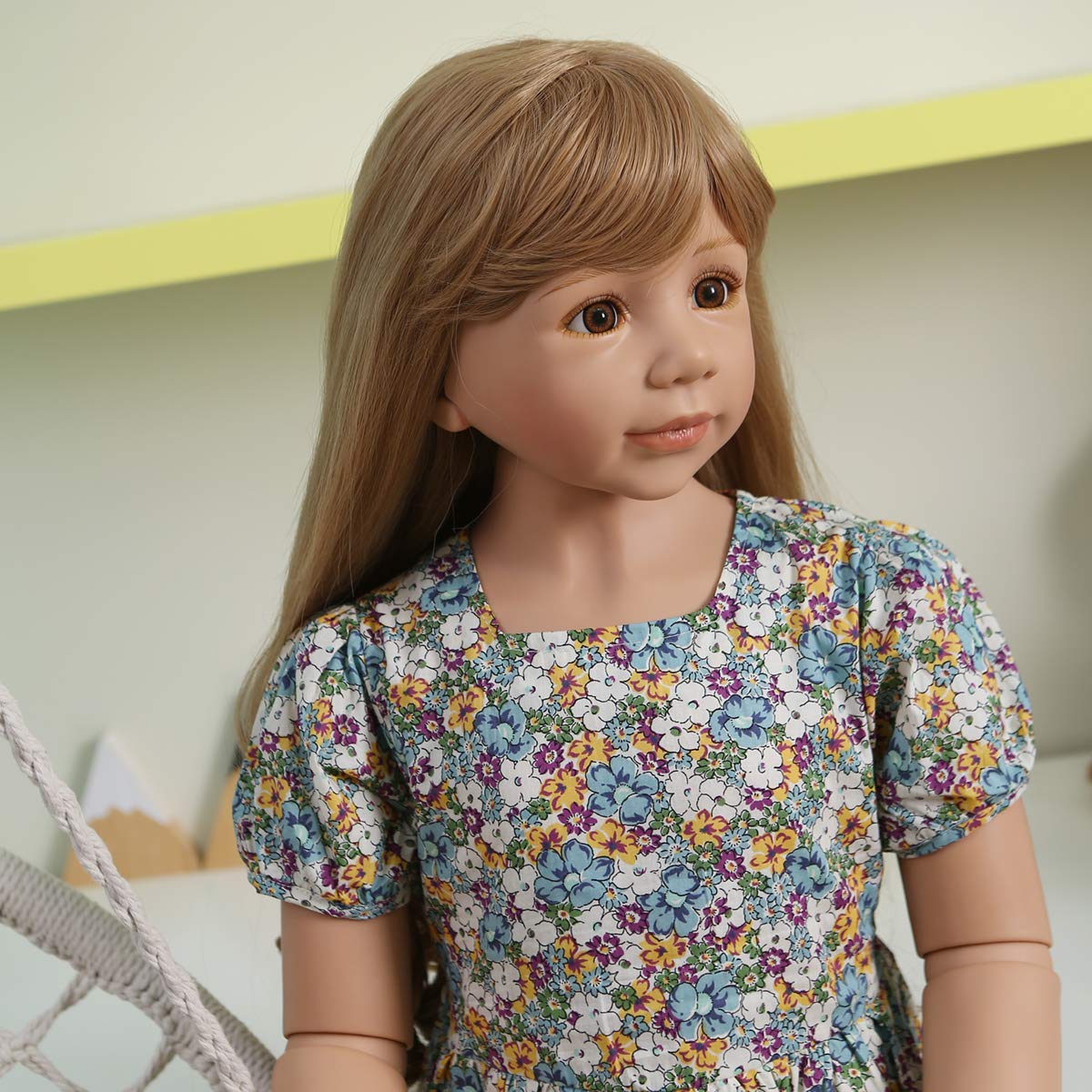 47inch Reborn Toddler Doll,Huge Baby Full Body Hard Vinyl Smile Girls Real Child Realistic Newborn Toddler Dolls Girl Age 4 Dress Model Brown Hair Girl Collectible Floral Dress