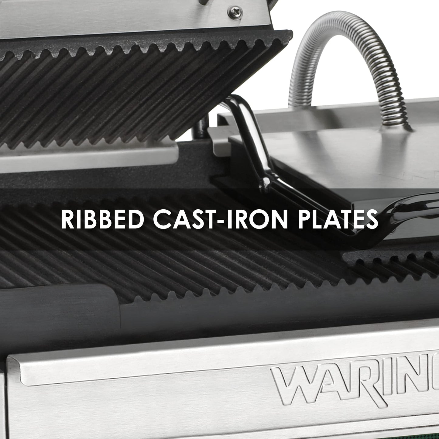 Waring Commercial WPG300 Panini Otimo Dual Ribbed Panini Grill, 240V, 3200W, 6-20 Phase Plug, Silver, 15.5 x 18.75 x 9.25 inches