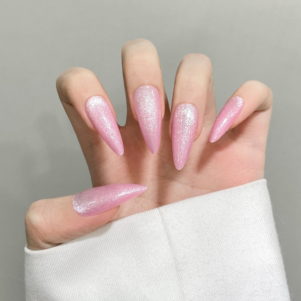 Pink Almond Cat Eyes Press On Nails,12 Sizes - 24 Pcs Soft Gel Pink Medium Fake Nails Kit with Nail Glue, Natural Reusable Stick On False Nails for Women and Girls SK1011