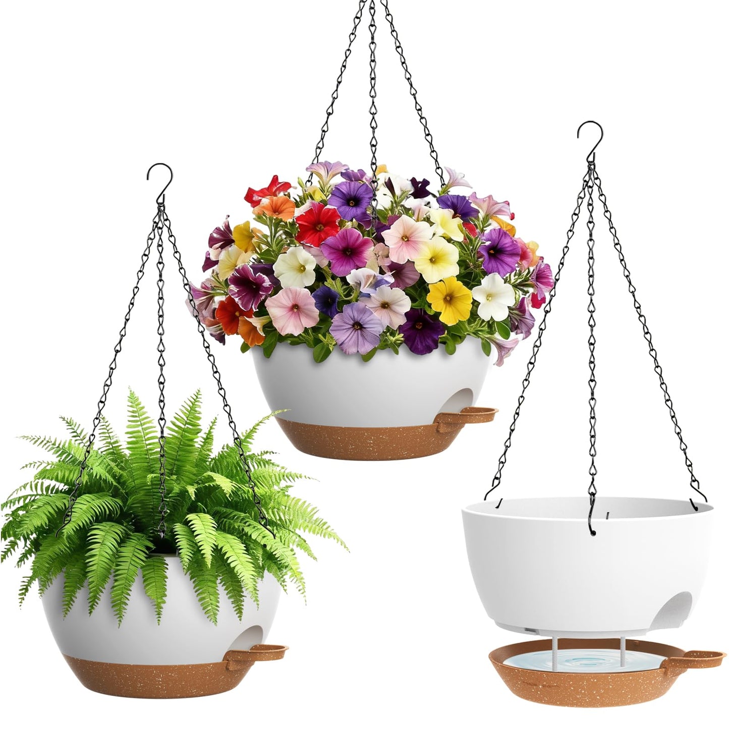 UOUZ Set of 3-10 Inch Self Watering Hanging Planters for Indoor Outdoorï¼Hanging Plant Pots with Drainage & Removable Tray, Hanging Pots Holder for Pothos Plant, Ferns, Balcony & Patio,White with Brown