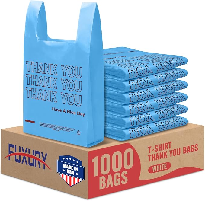 Fuxury Blue Plastic Thank You Bags (1000 Count) 11.5 x 6.5 x 21, Grocery, Take Out, To Go, Retail Shopping T-shirt Bags in Bulk (Made in USA)