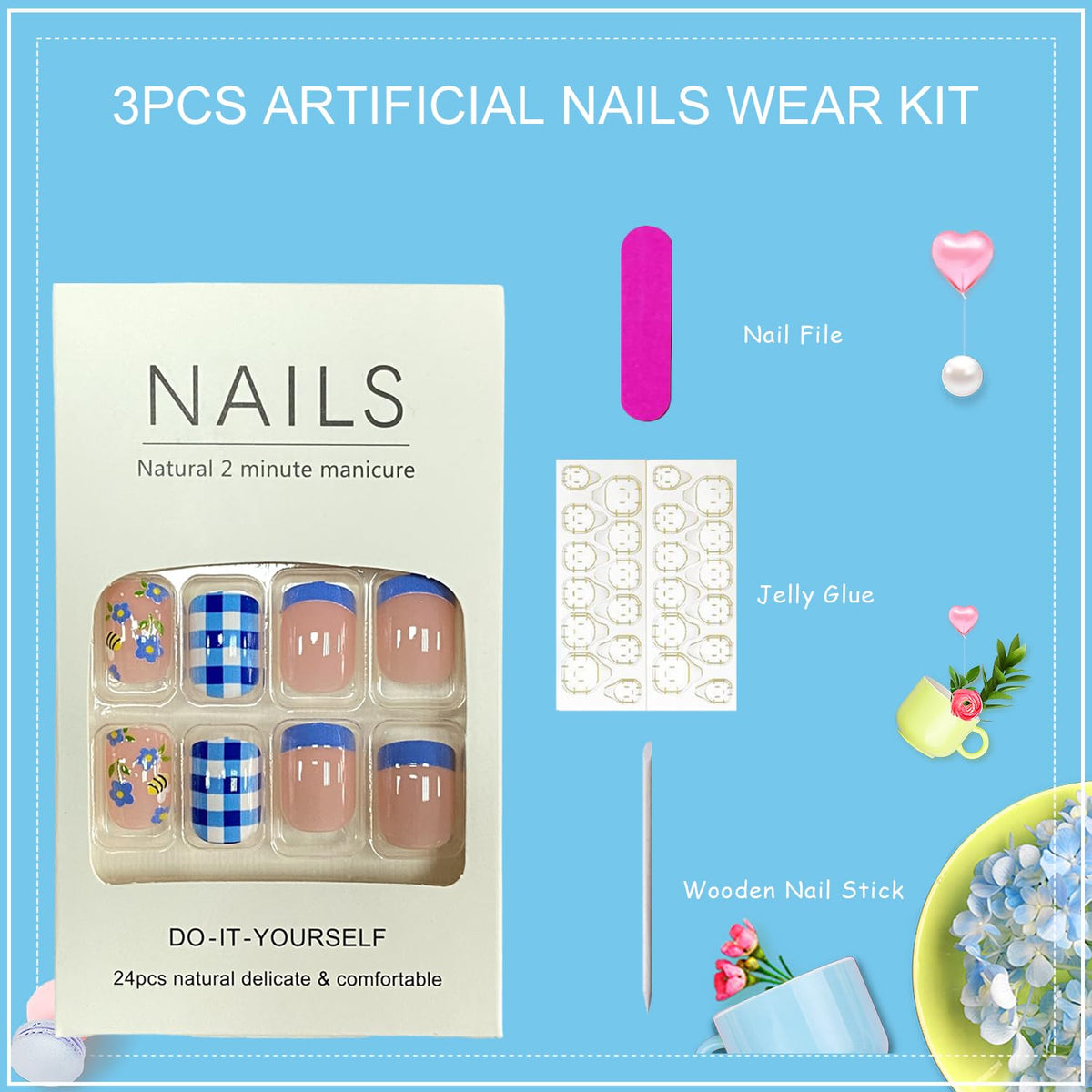 Tyuimhx Blue Flowers Press on Nails Square Short Fake Nail Blue French Tip False Nails Glossy Full Cover Stick on Nails Reusable Floral Artificial Glue on Nails for Women 24Pcs