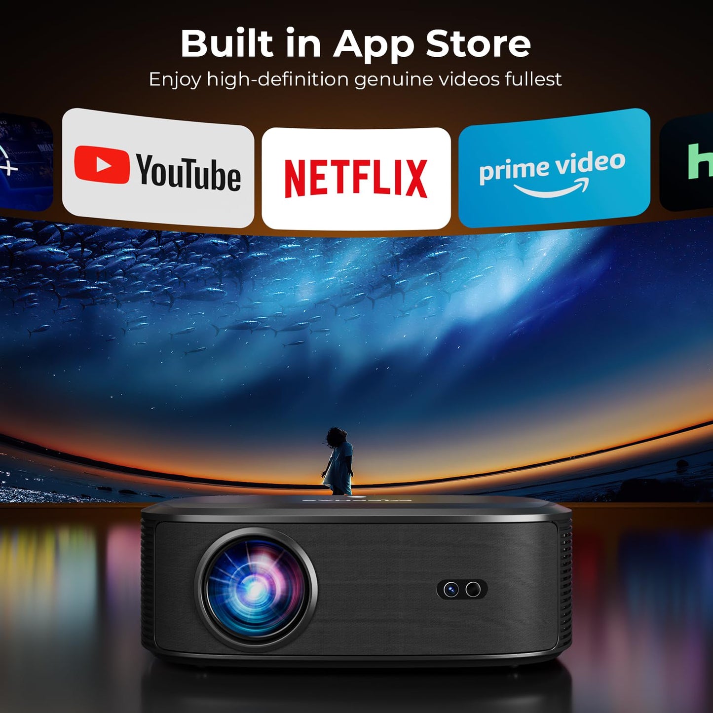 4K Projector with Wifi and Bluetooth, ELEPHAS Outdoor Movie Projector Compatible with NETFLIX/Prime Video/YouTube, 100,000+ Apps Supported, Smart Video Projector for HDMI/USB/iOS/Android/Windows