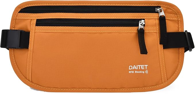 RFID Blocking Money Belt for Men Women, Slim Fanny Pack for Travelï¼ÂRunning,Conceal Waist Wallet for Passport Holder,Phone,Cash(Brown Orange)