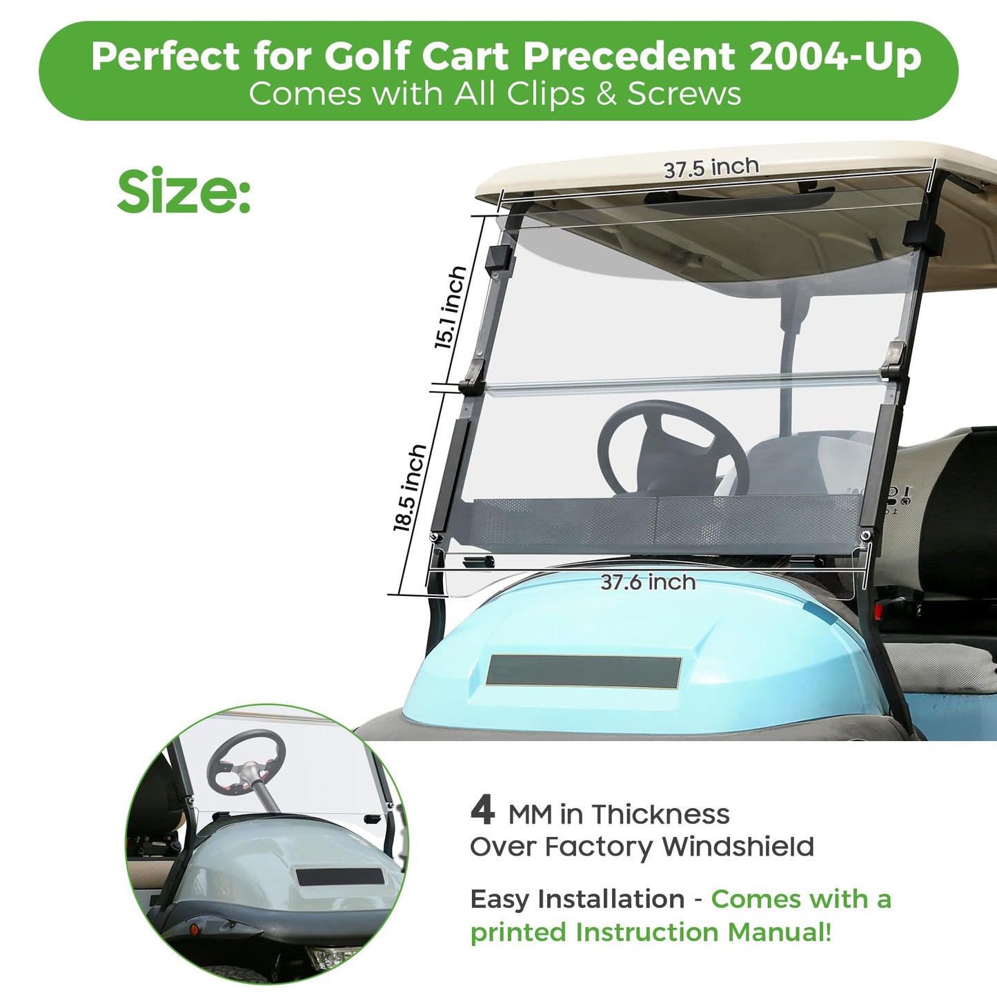 10L0L Golf Cart Windshield for Club Car Precedent 2004-Up, Onward and Tempo 2017-up Gas or Electric, Clear/Tinted Windshield Fold Down Impact Resistant - 37.5" W X 33.6" H