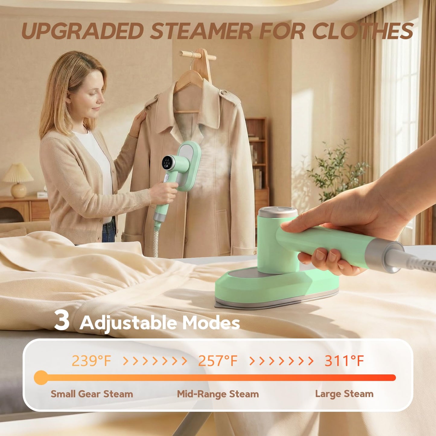 WellMall 2 In 1 Steamer for Clothes: 1550W Powerful Steamer with 1100ml Detachable Tank, 30s Fast Heat-Up, Horizontal & Vertical Use, Portable Wrinkle Remover for Clothes Drapes Bedding (Green)