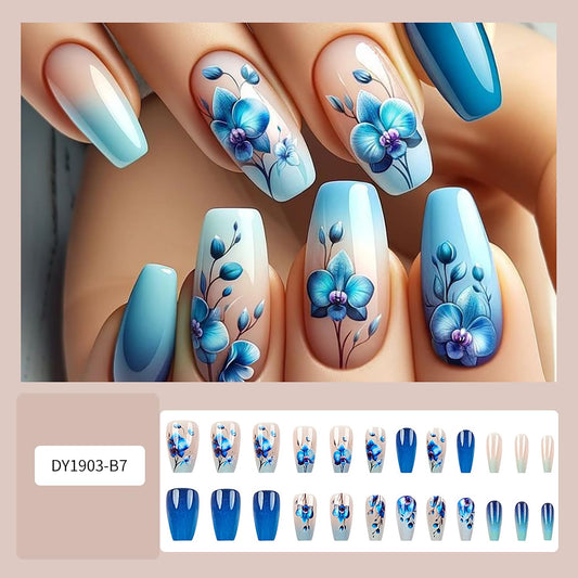 LOPMNGHT 24Pcs Blue Flower Press on Nails Medium Ballet Shaped Blue Gradient Acrylic False Nail Artificial Floral Stick on Nail Press Ons with Blossom Design Glossy Reusable Glue on Nails for Women
