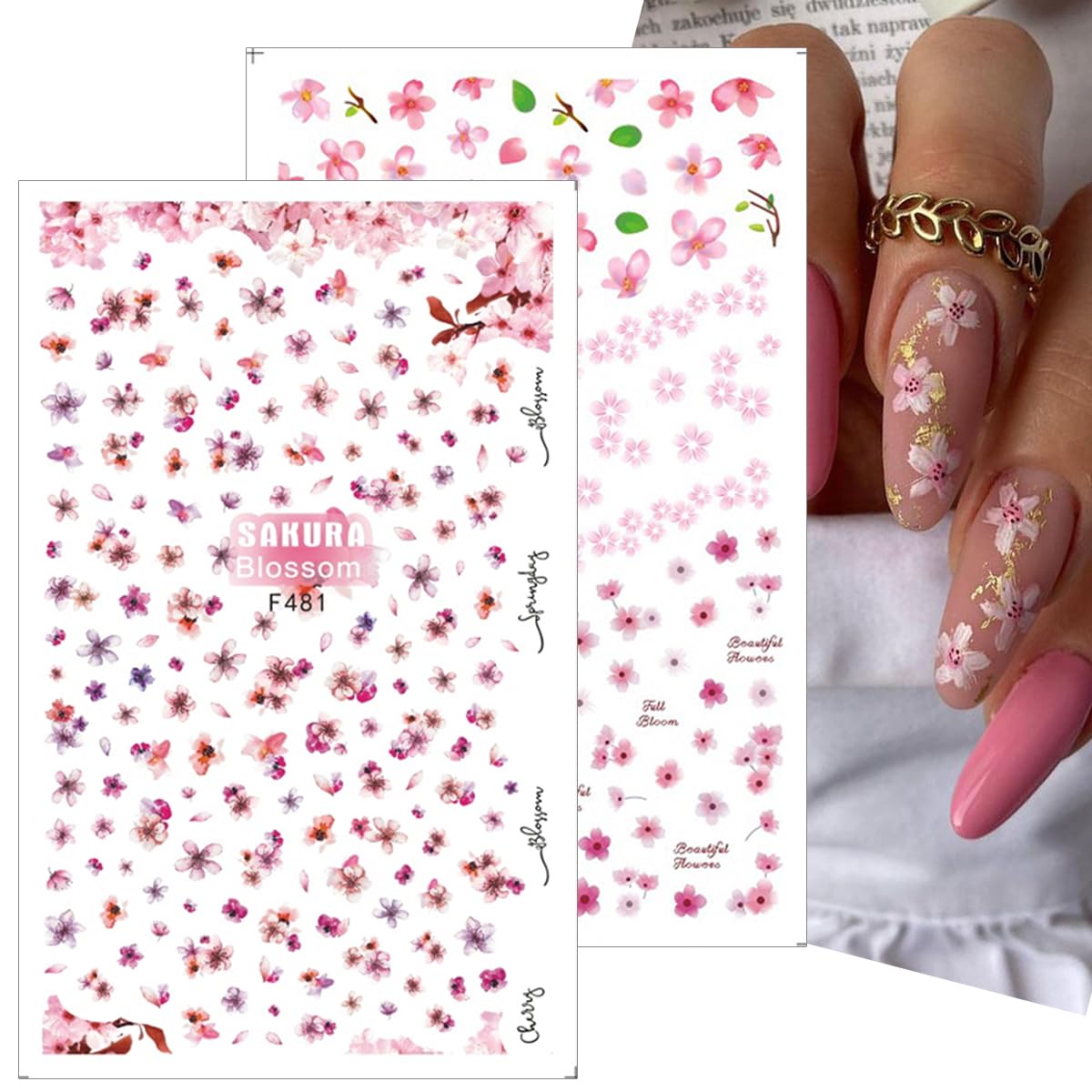 8Pcs Cherry Blossoms Nail Stickers 3D Self Adhesive Pink Flower Nail Art Stickers Spring Summer Peach Blossom Petals Leaves Nail Art Design Nail Decals Floral Nail Supplies for Acrylic Nail Decoration
