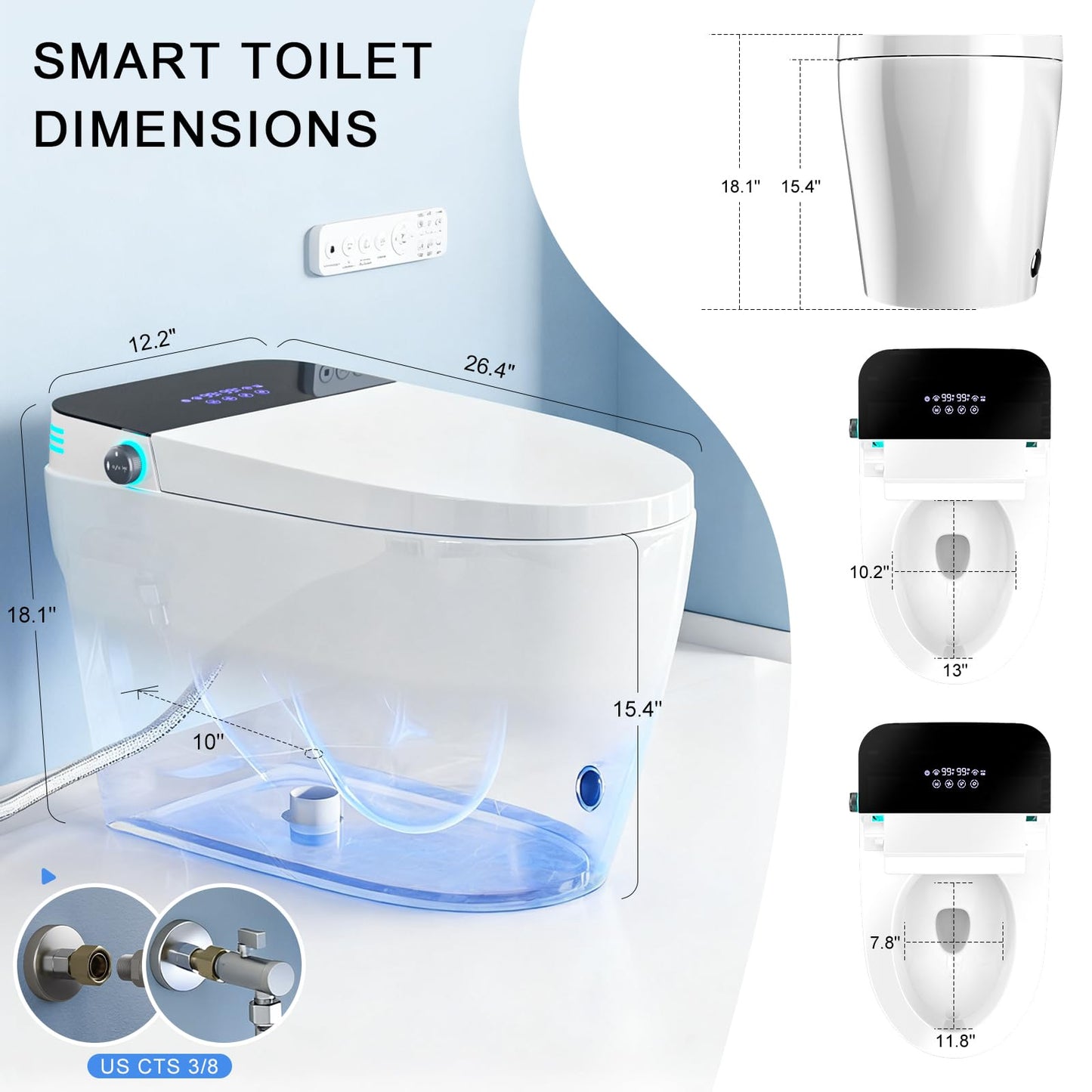 Smart Toilet with Bidet Built in Heated Seat, Smart Tankless Toilet with Warm Water and Dryer, Fahrenheit LED Display, Auto Flush, Foot Sensor