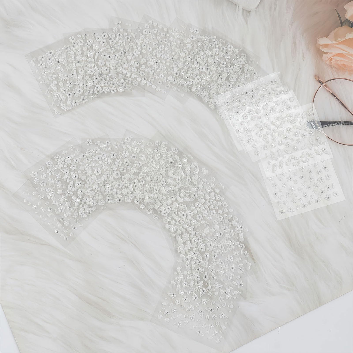 30 Sheets White Flower Nail Art Stickers, 3D Rhinestones Self Adhesive Floral Supplies Decals, Decoration Accessories for Women and Girls