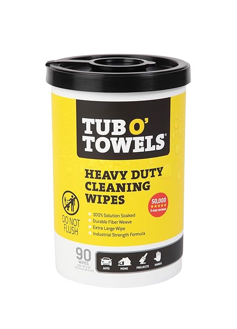 Tub O' Towels Heavy-Duty Multi-Surface Cleaning Wipes â Extra-Large 10" x 12", 90-Count Canister â Removes Grease, Tar, Ink & Tough Stains â Safe for Home, Auto, Garage & More