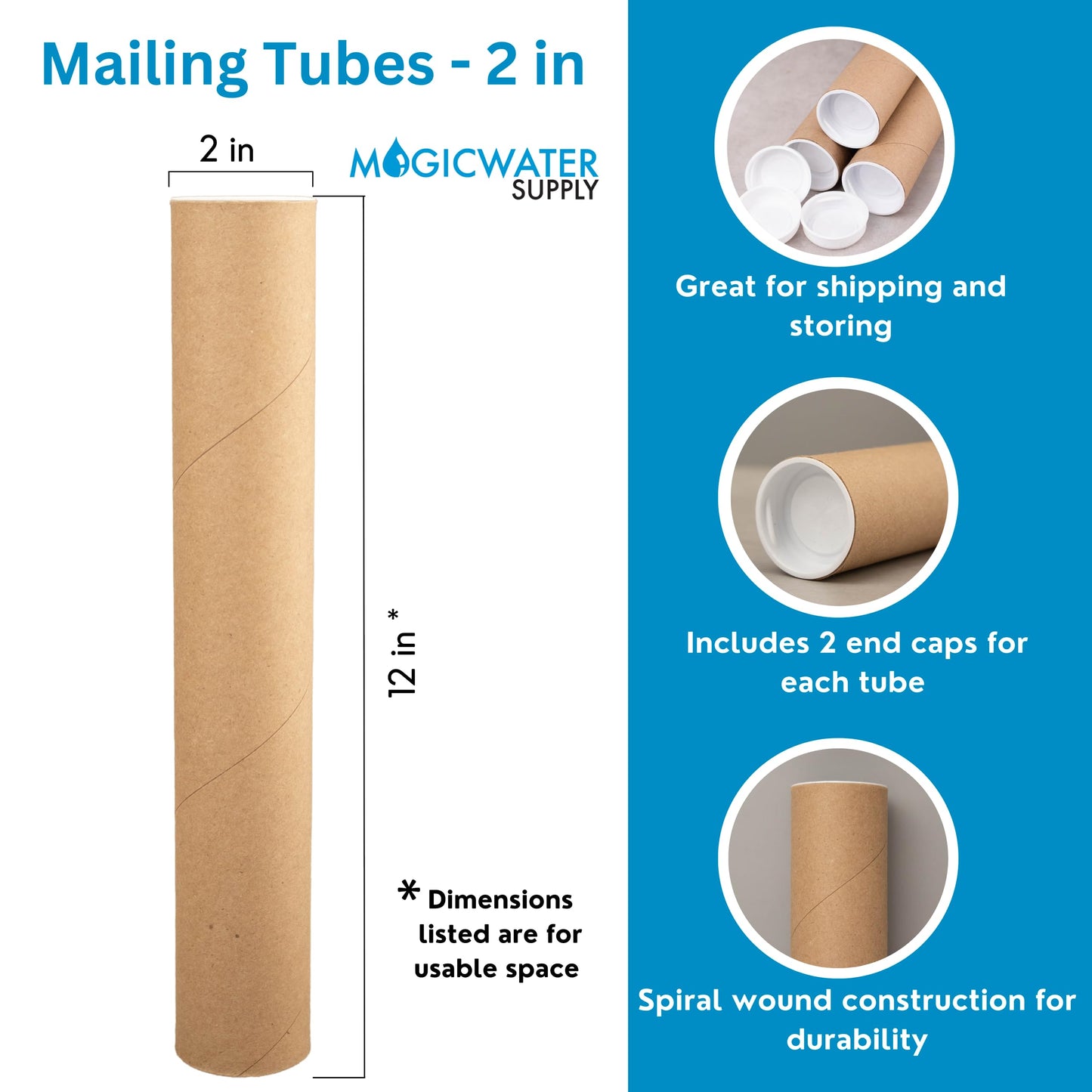 MagicWater Supply Mailing Tube - 2 in x 12 in - Kraft - 4 Pack - for Shipping and Storage of Posters, Arts, Crafts, and Documents