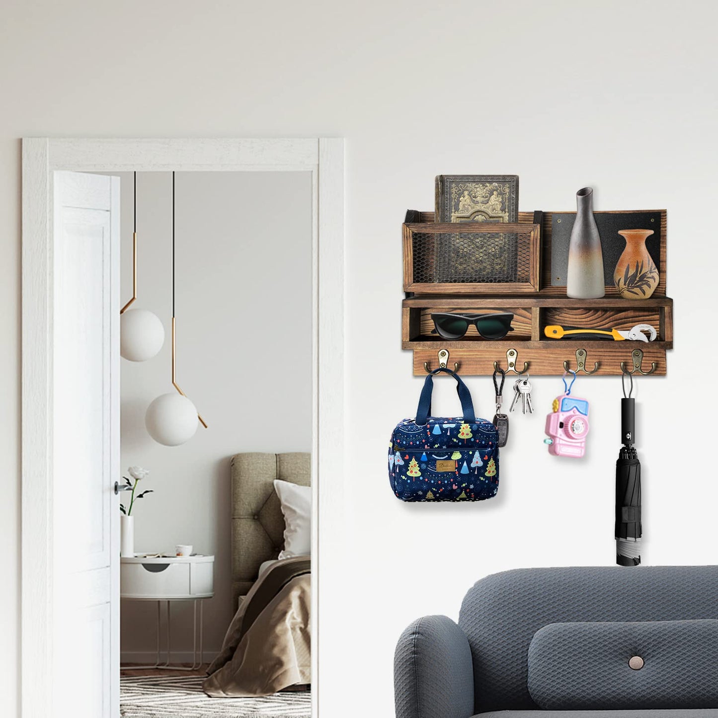 Key Holder for Wall, Mail Organizer Wall Mount with Key Hooks and Wallet Holder, Sunglasses Storage and Dog Leash Hanger, Decorative with 4 Double Hooks and Chalkboard
