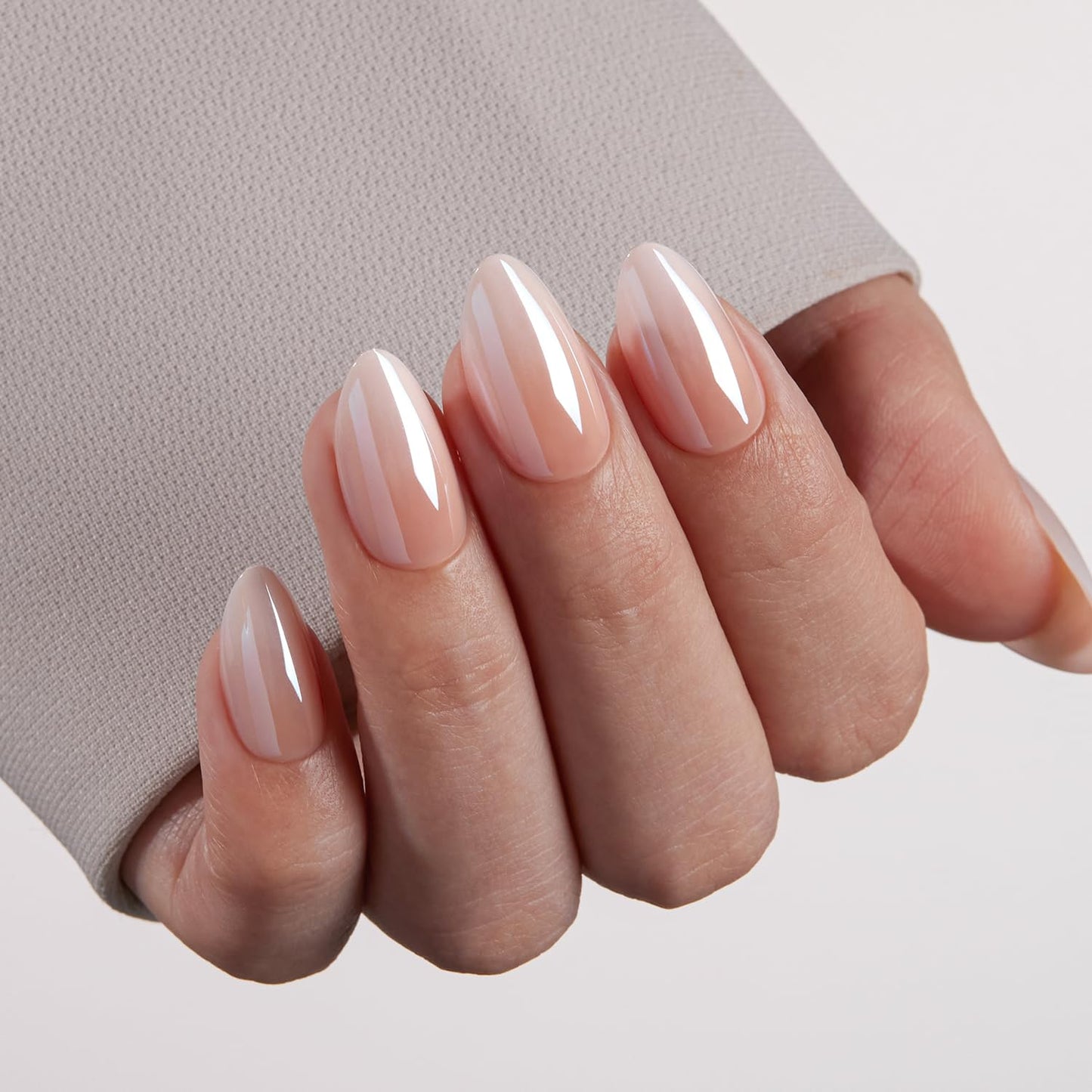 VSALON Short Almond Press on Nails - Chrome Nude Ombre Fake Nails Kit for Women - Reusable Opaque Glazed Salon Quality Glue on Nails Spring Summer Nails 32 PCS in 16 Sizes