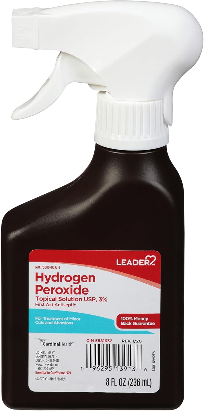 LEADER Hydrogen Peroxide Spray Bottle First Aid Antiseptic 3% Solution â Multi-Purpose Cleaner, Gentle & Effective Disinfectant Spray for Home, Cuts, and Scrapes, Easy-to-Use 8 oz Bottle