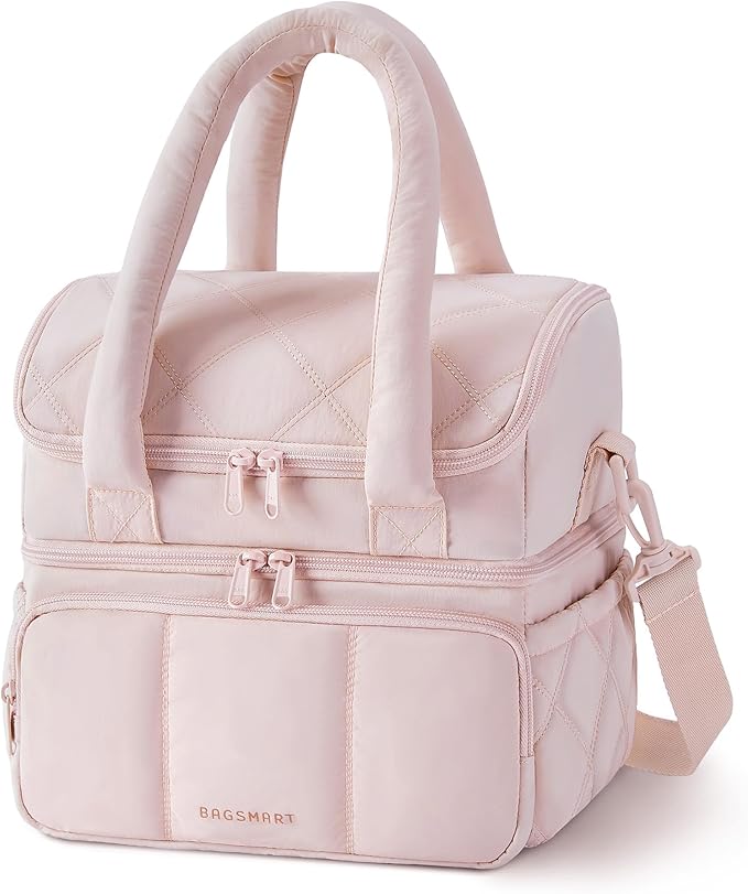 BAGSMART Lunch Bag Women, Double Deck Insulated Lunch Box, Quilted Puffer Lunch Tote, Leakproof, Durable & Reusable Large Lunch Cooler For Work Picnic Travel Meal Prep, Pink