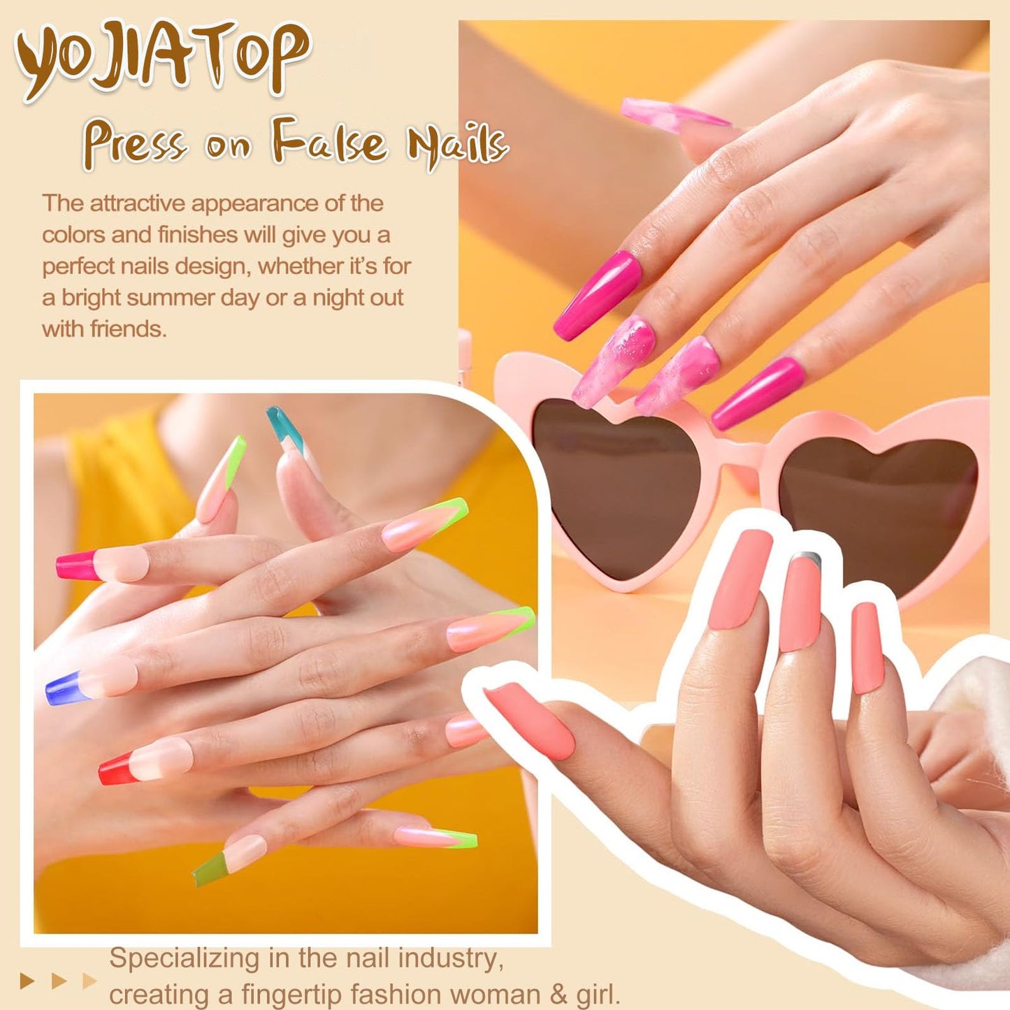 Medium Press on Nails Square Fake Nails with Pink Flower Green Leaves Designs Glossy Nails Press ons Orange Full Cover Glue on Nails Cute Acrylic Nails Artificial Stick on Nails for Women 24Pcs