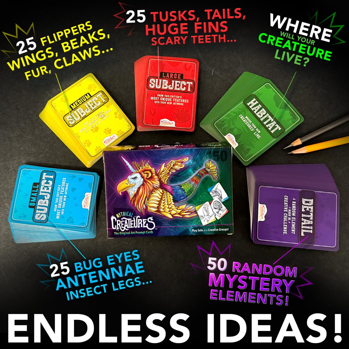 Mythical Creatures Art Prompts Card Game — 150 Drawing Prompt Cards, Millions of Mash-Ups — Imagination Game for Kids, Tweens, Teens & Families — Classroom & Homeschool Creativity Activity