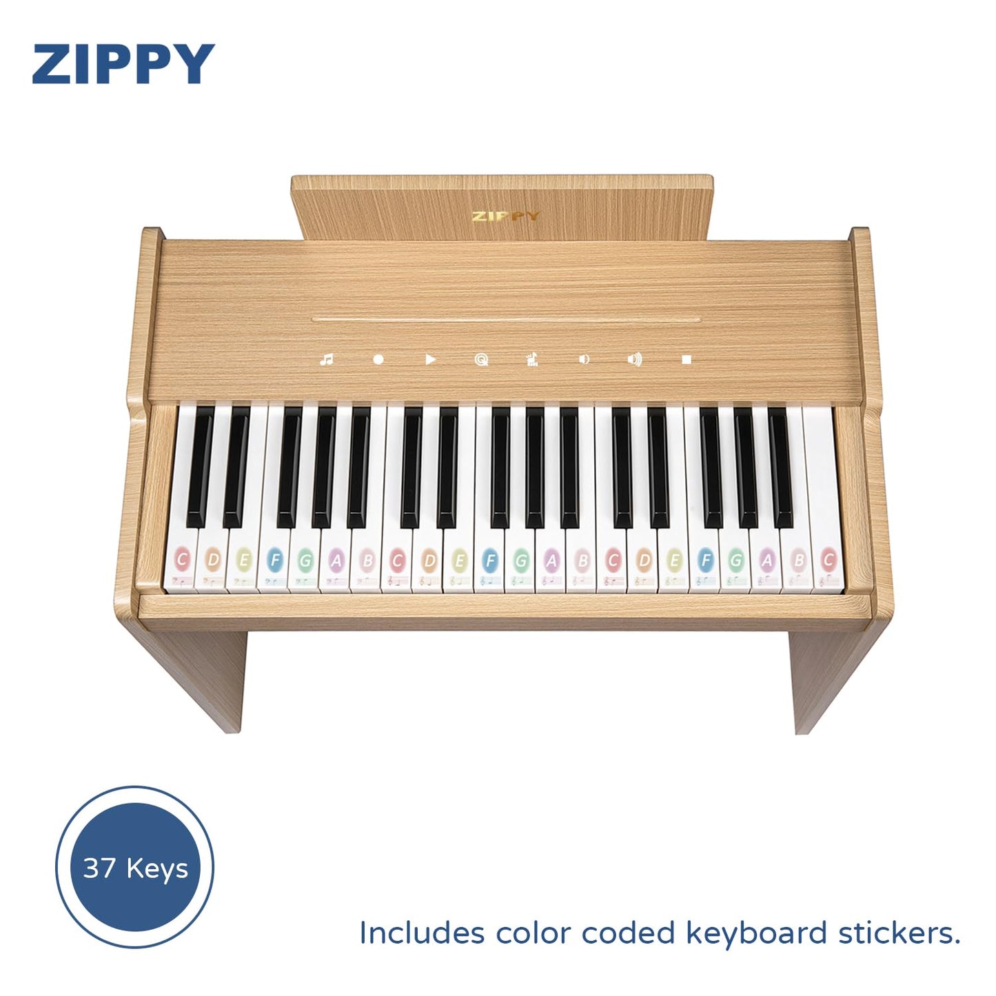 ZIPPY Kids Piano Keyboard, 37 Keys Digital Piano for Kids, Touch Sensitive Control Panel, Built-in Songs, Volume Adjustable, Music Educational Instrument, Wood Piano for 3+ Girls and Boys (Oak Plus)