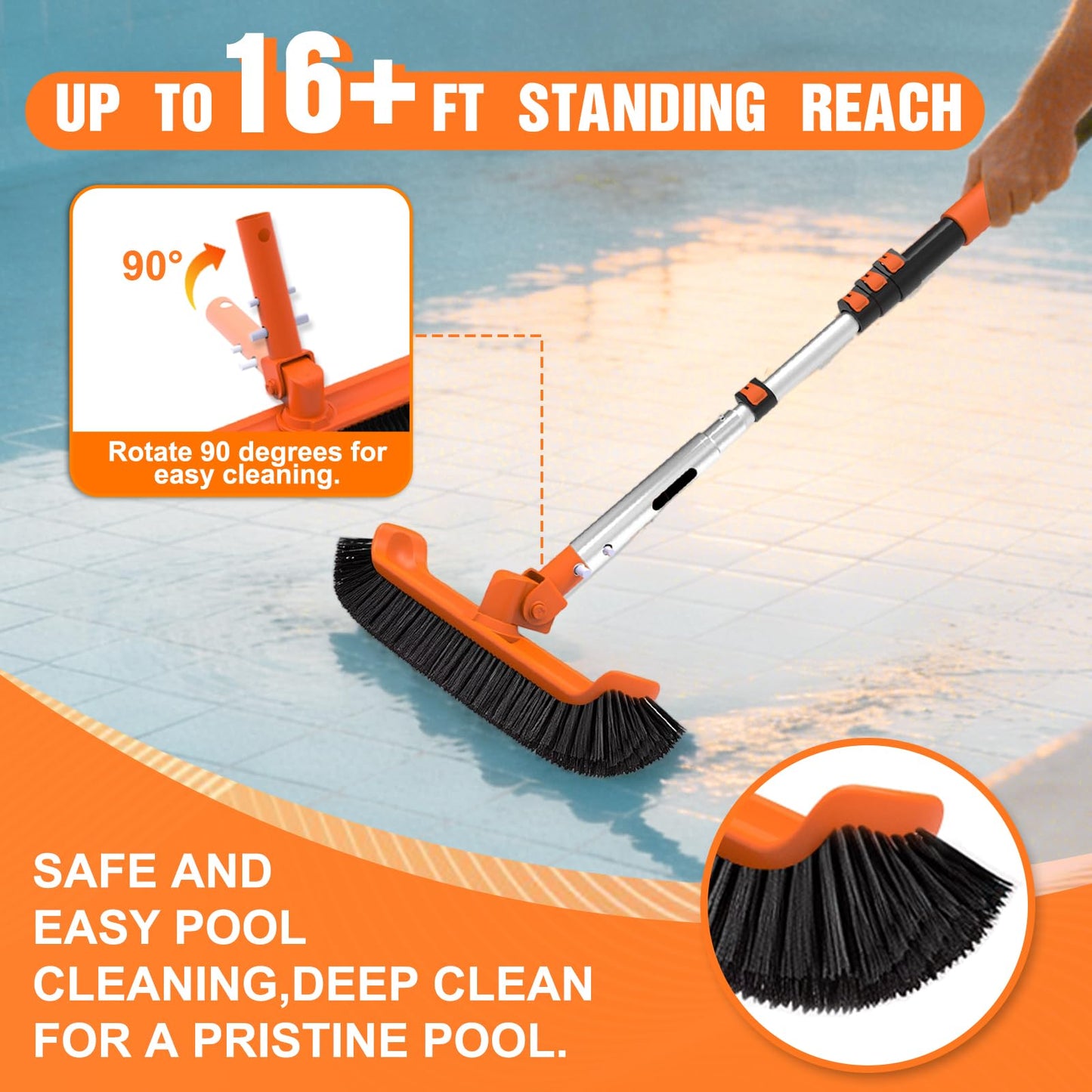 LAANPOLE Pool Brush with Pole, 16FT Heavy Duty Telescopic Pool Pole with 18" Pool Brush, Swimming Pool Scrubber Brush Head for Cleaning Walls, Tiles & Floors