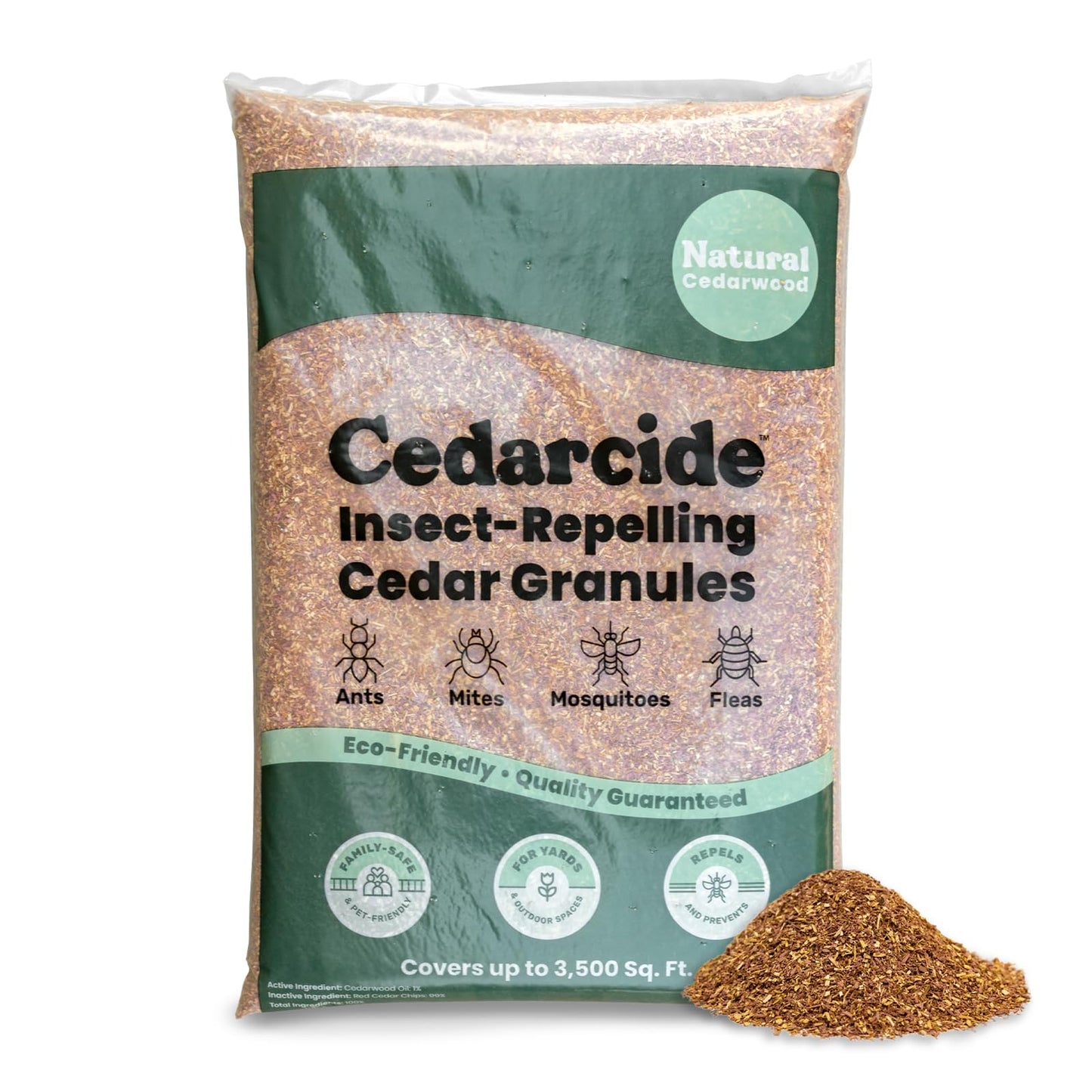 Cedarcide Original Cedar Granules â Flea, Tick, Mosquito & Spider Repellent for Yard, Lawn, Patio & Garden â Outdoor Insect Control â for Use Around Pets, Kids & Family (8 lb Covers 3,500 sq ft)