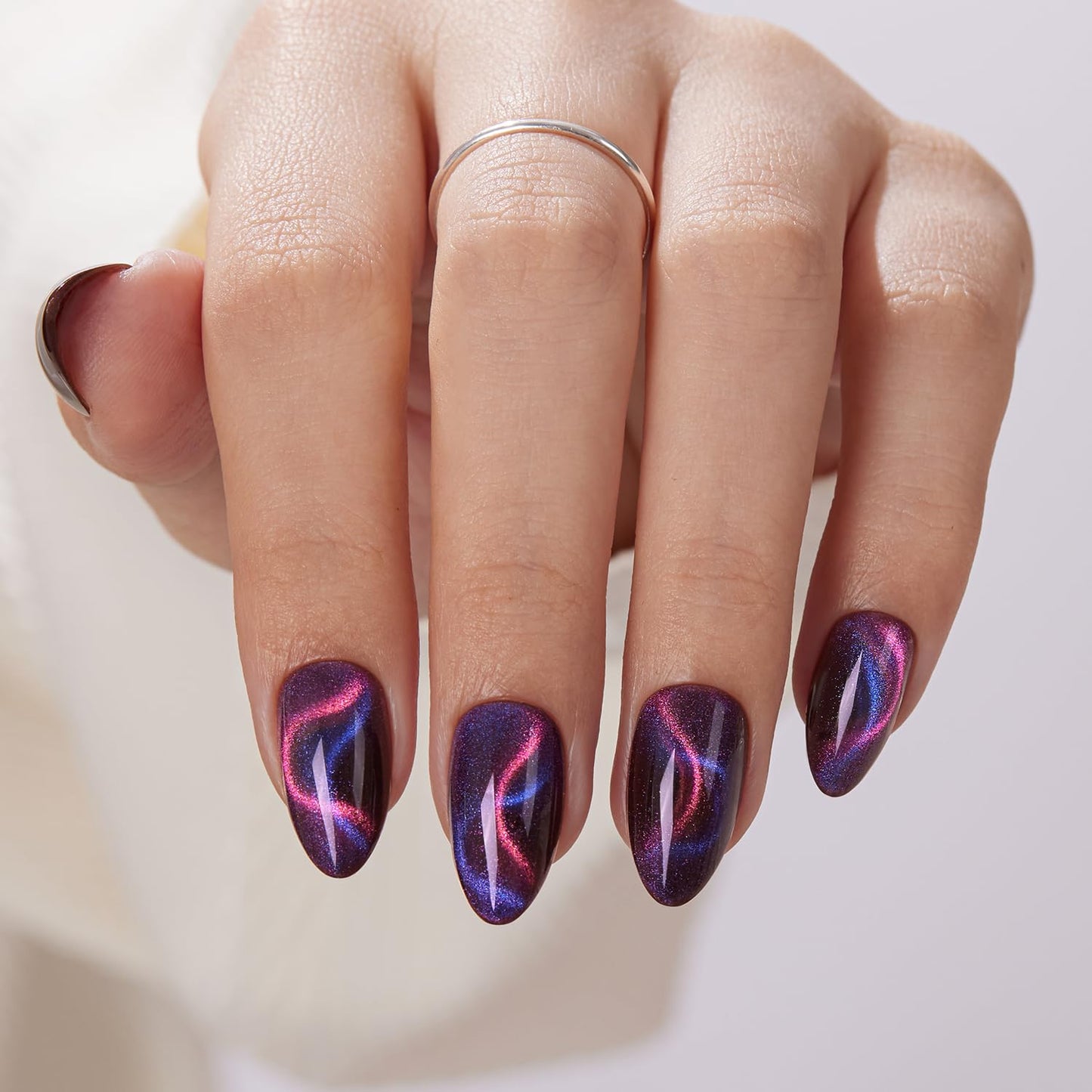 VSALON Press on Nails Short Almond - Cat Eye Fake Nails Dark Purpule Blue Sparkle Ribbon Nails, Reusable Spring Summer Opaque Gel Swirl Glue on Nails with Glue & Cuticle Oil - 32 PCS in 16 Sizes