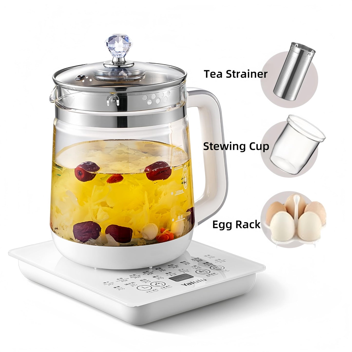 Electric Kettle,110V 1.8L/ Household Electric Health Pot with Egg Rack & Tea Infuser, 12 Functional Procedures for Fruit, Flower Tea, Touch Control Smart Glass Water Boiling with Adjustable Temp.