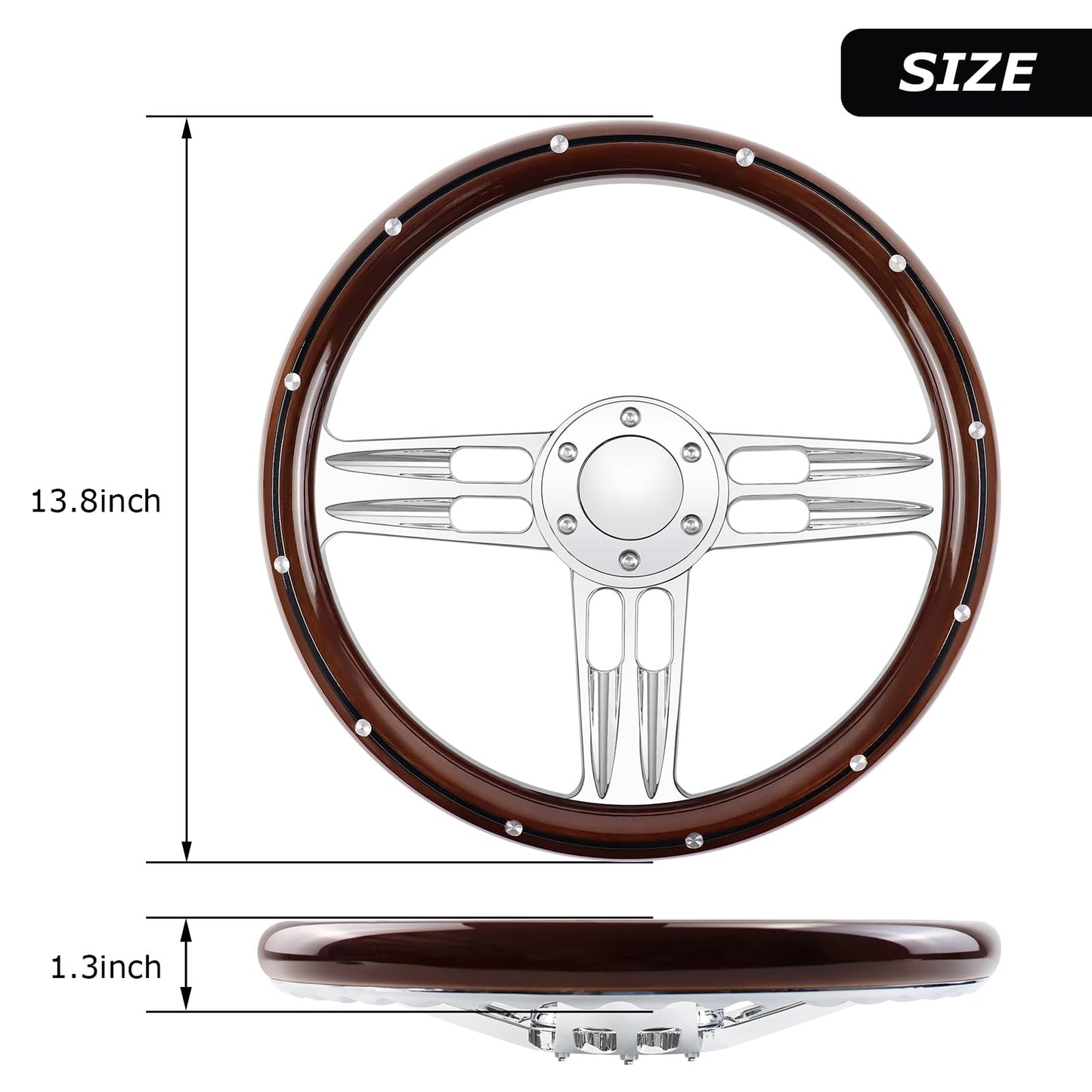 QYMOPAY Billet Wooden Racing Steering Wheel, 6 Hole Steering Wheel with Horn Buttons 3 Spoke for Rally/Motorsport/Car Simulator Driving