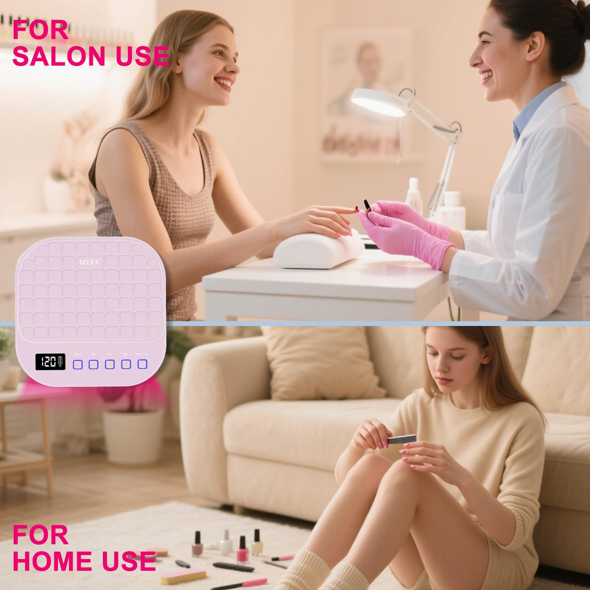 MEKK Cordless UV LED Nail Lamp, 54W UV Light for Gel Nails with Hand-Friendly Red Light, Auto Sensor Professional Flash Cure Lamp with Rotatable LCD Display for Salon and Home, Checkered Design, Pink