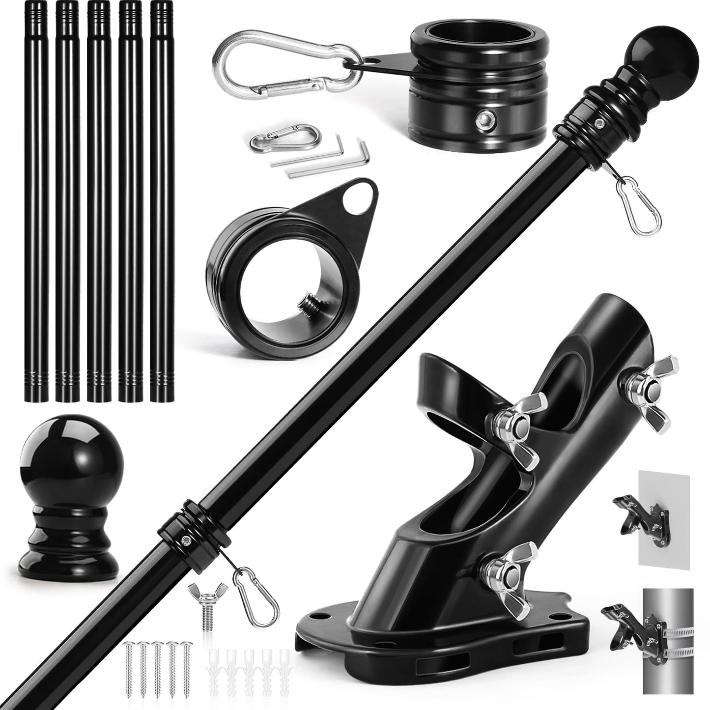 Anovo Flag Pole Kit- Upgraded Holder, Stainless Steel 6 FT Flag Poles with1 Inch Metal 360° Rotating Flag Pole Rings Two-Position Flag Pole Bracket Mounting for Outside House Porch(6 FT - Black)