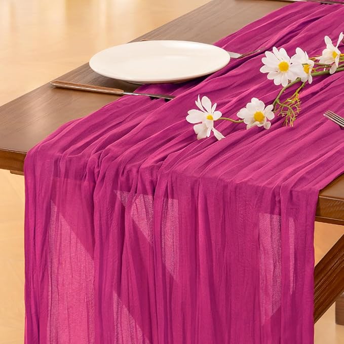 Socomi 10pcs Hot Pink Cheesecloth Table Runner Summer Boho Rustic Gauze 120 inch 10FT Cheese Cloth Sheer Runner for Wedding Party Baby Shower Birthday Home Decor Holiday Decorations