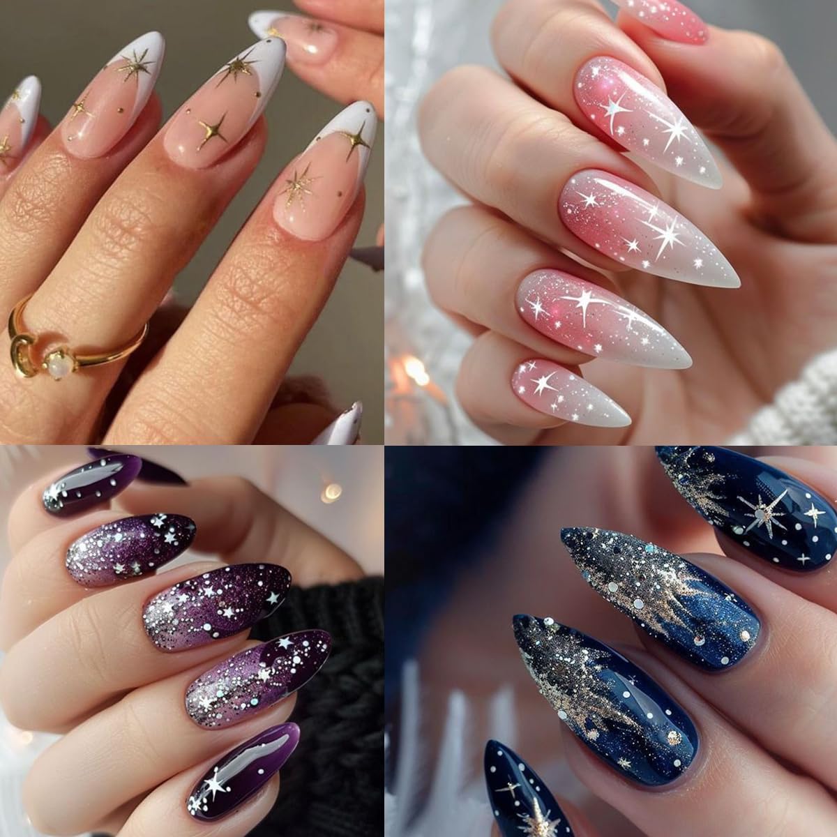 6 Sheets Star Nail Art Stickers Self-Adhesive 3D Star Nail Sticker Shiny Gold Silver White Black Stars Nail Art Design Decals Starlight Star Stickers for Women Girls Manicure Decoration Supplies
