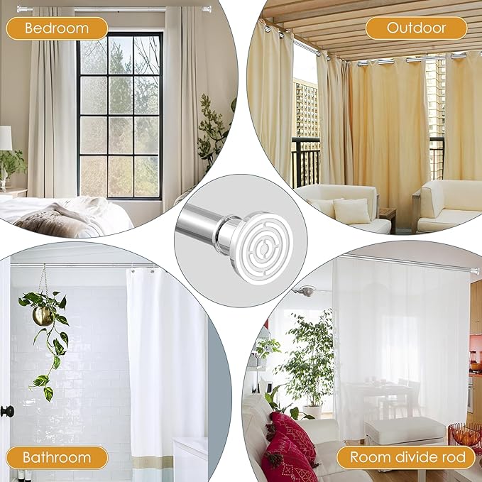 Silver Long Curtain Rod Tension Shower Curtain Rods 30 to 130 inch Adjustable Heavy Duty Rods for Bathroom Windows Outdoor Spliced Telescopic Design No Drill No Slip Stainless Steel