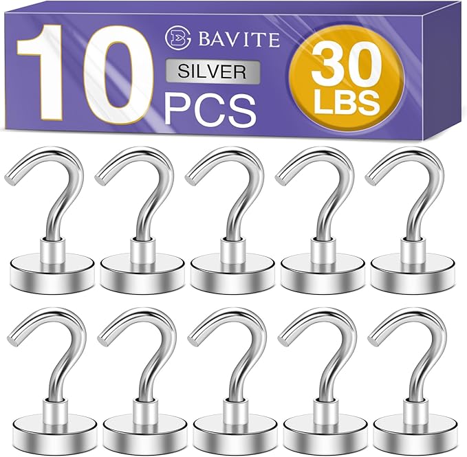 E BAVITE Strong Magnetic Hooks, 30Lbs Magnetic Hooks Neodymium Magnets with Hooks for Refrigerator, Grill, Towel, Indoor Hanging, Home, Kitchen, Workplace, Office and Garage - 10 Pack