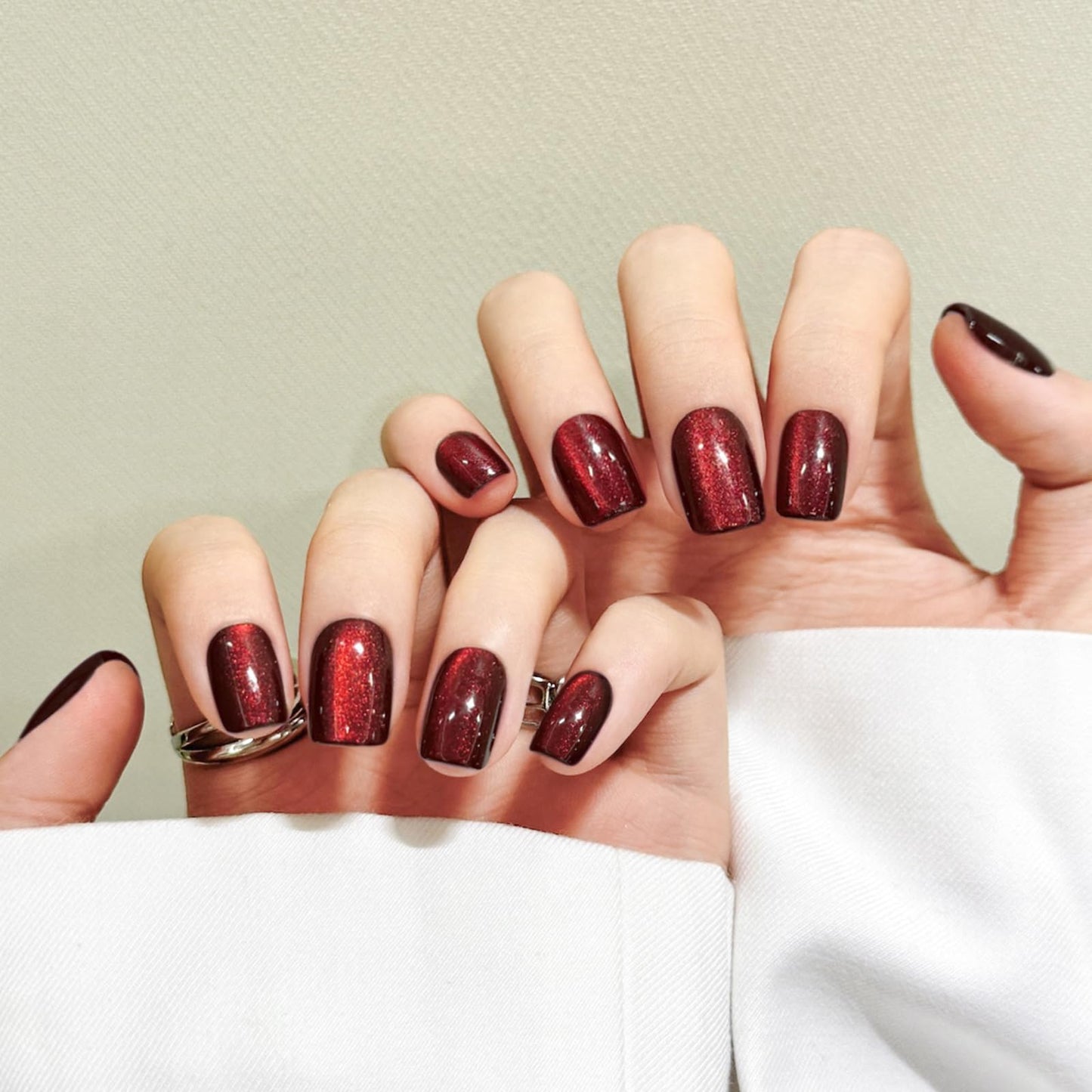 Dark Red Cat Eyes Press On Nails,12 Sizes - 24 Pcs Soft Gel Red Short Squoval Fake Nails Kit with Nail Glue, Natural Reusable Stick On False Nails for Women and Girls SK1058