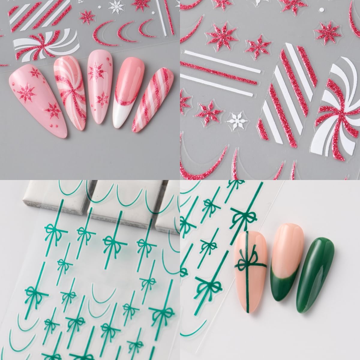 6 Pcs Christmas Nail Art Stickers Decals Pink White Glitter Snowflake Nail Decals with Green Gift Box Bow Green French Line Nail Design Pink Candy Stripe Nail Supplies for DIY Manicure Winter Xmas DIY