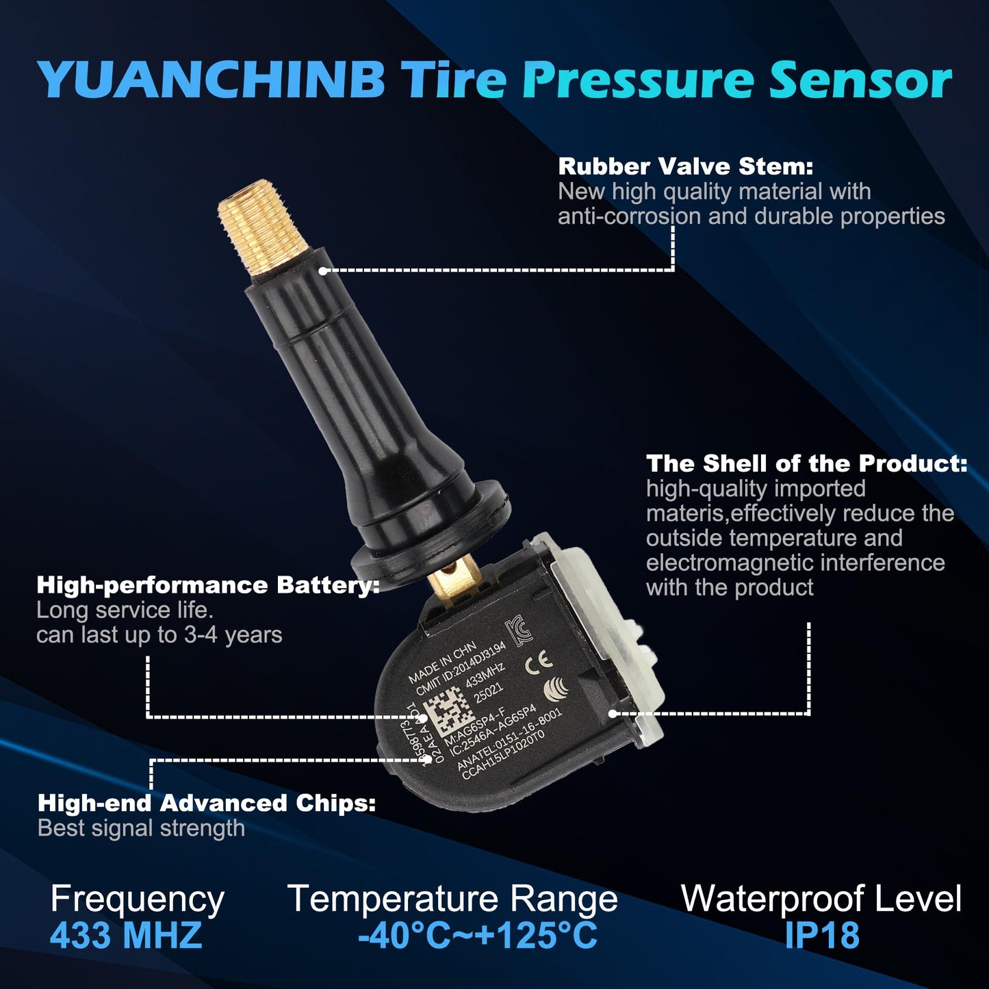 YUANCHINB Set of 4 TPMS Tire Pressure Sensors GM TPMS Sensors 433MHz Compatible with Chevy Silverado Tahoe Buick Enclave Cadillac Escalade GMC Sierra Replaces# 13598773 13589601(4 PCS)