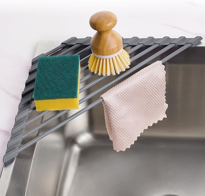 Tomorotec Corner Over the Sink Roll Up Drying Rack, Triangle Sink Dish Rack Mat, Silicone Wrapped Metal (Iron) Rods, Space Saving Dish Drainer, Heat Resistant Non Slip Trivet for Cookwareï¼Deep Grayï¼