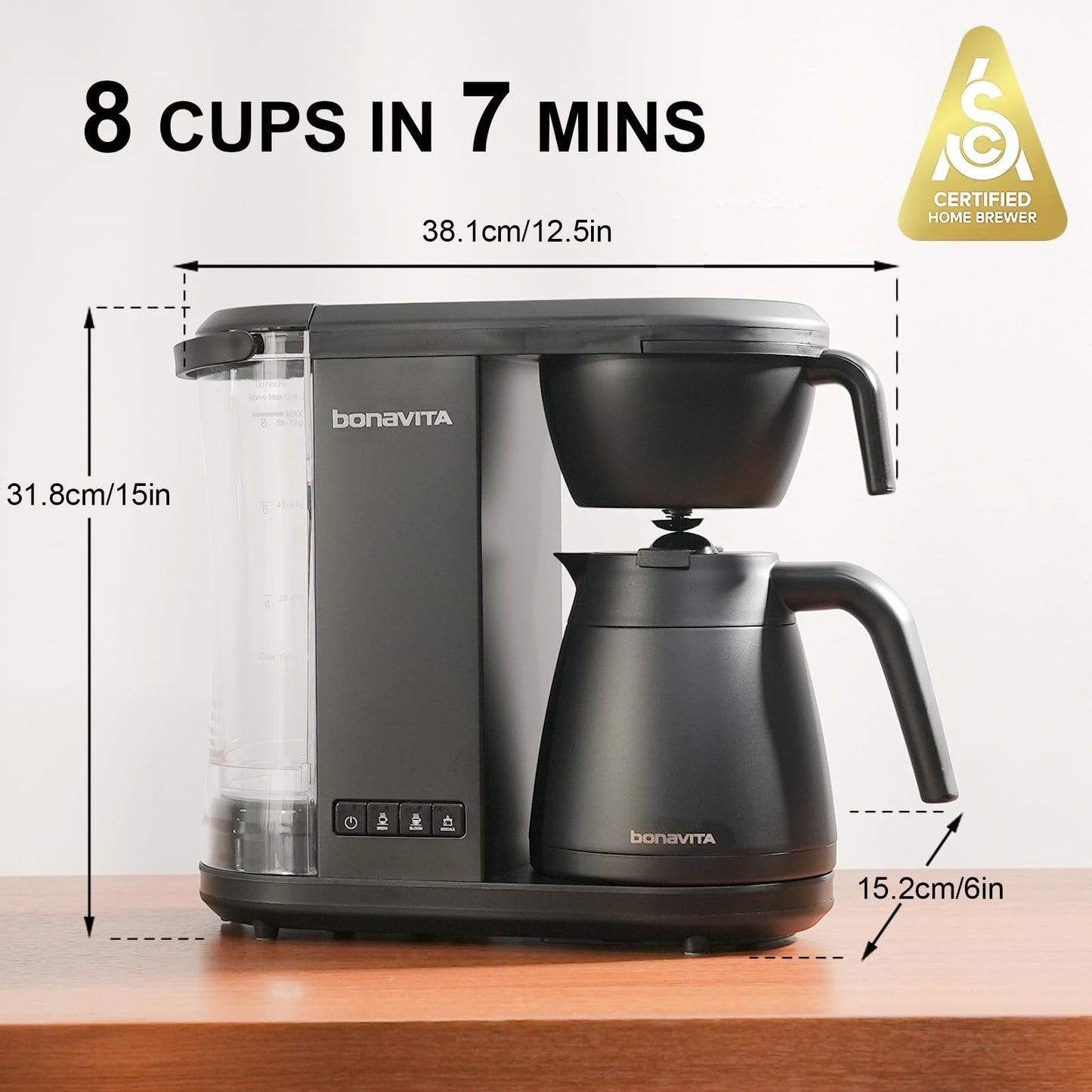 Bonavita Enthusiast 8 Cup Drip Coffee Brewer, Pour Over, SCA Certified Coffee Machine with Thermal Carafe, Stainless Steel Panel, Removable Reservoir, Matte Black