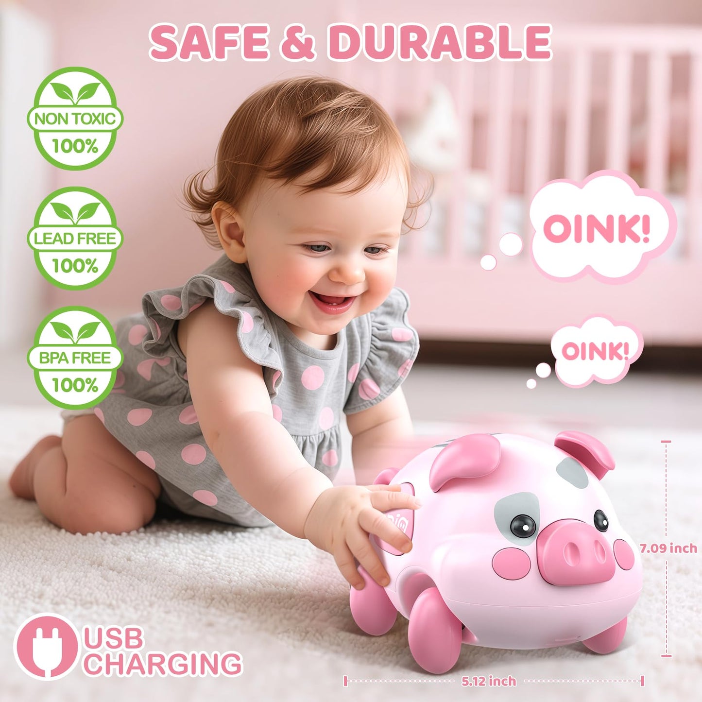 Baby Musical Toy for 6-12-18 Months, Musical Piggy Toy for Toddler 1 Year old Baby Girl, Infant Crawling Light Music Toys for Tummy Time Development, 1st Birthday Gift for Boy 7 8 9 10+ Month