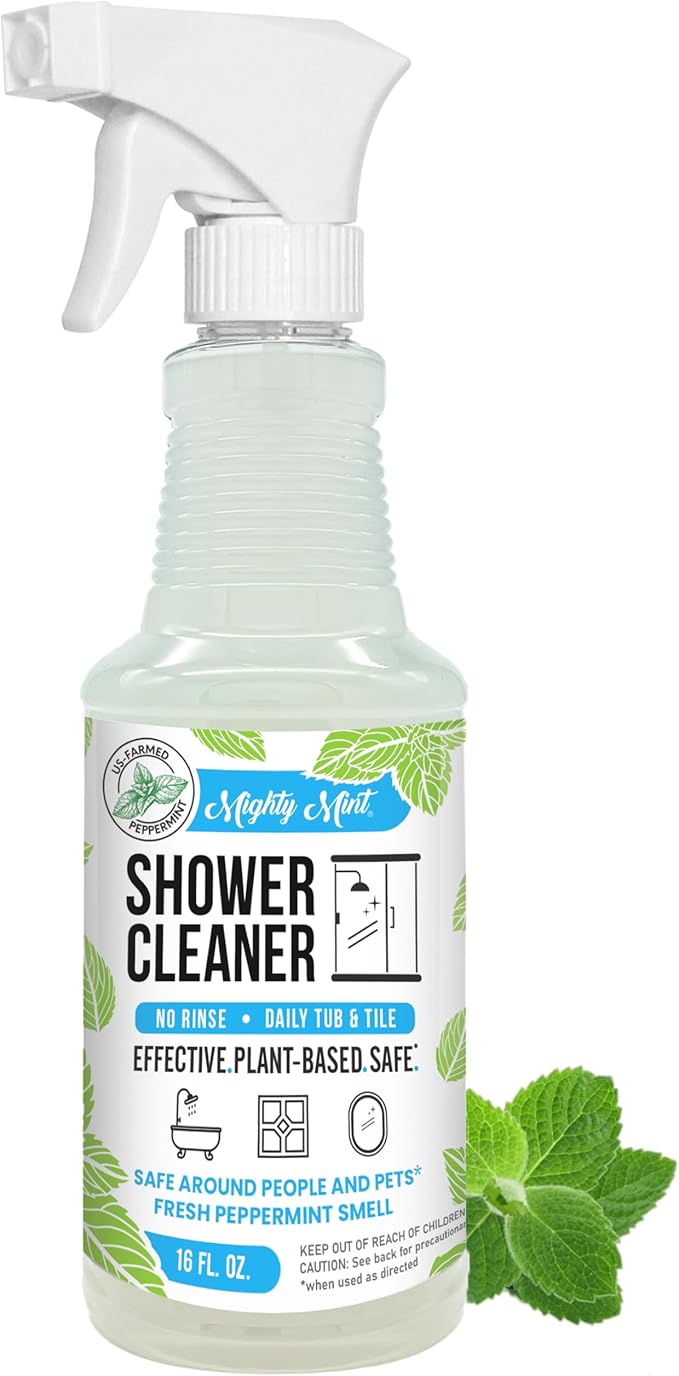 Mighty Mint Daily Shower Cleaner Spray â No Rinse, No Scrub Solution for Glass, Tile & Grout â Plant Based Formula with Peppermint Scent - 16 oz.
