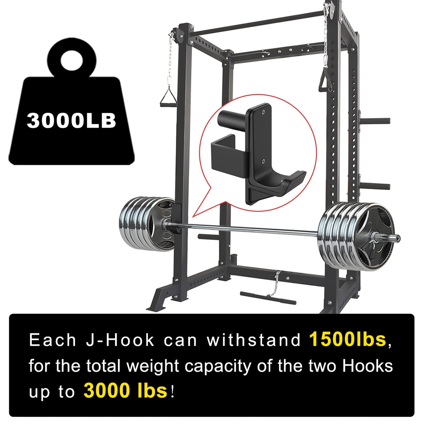 Kipika J-Hooks for 2" x 2"" Power Rack with 1"" Hole - Bottom Reinforced Steel Hooks with Rubber Pads - Heavy Duty Power Rack Attachments - Squat Rack Accessories for Strength Training - Set of 2"