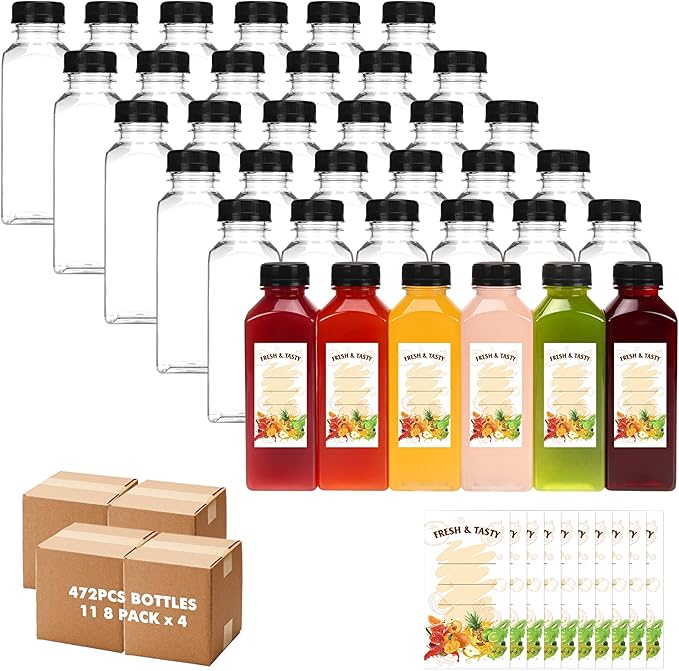 BAKHUK 472pcs 12oz Empty Plastic Juice Bottles with Caps, Plastic Water Bottles with lids, Reusable Clear Bulk Beverage Containers for Juice, Milk and Other Beverages