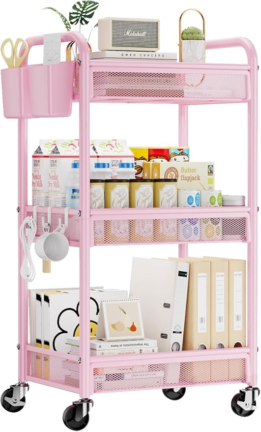 YASONIC 3 Tier Rolling Cart â Metal Utility Storage Cart with Wheels, Craft Cart Organizer with Hanging Cups, Hooks, Mesh Basket for Bedside Kitchen Office Art, Pink