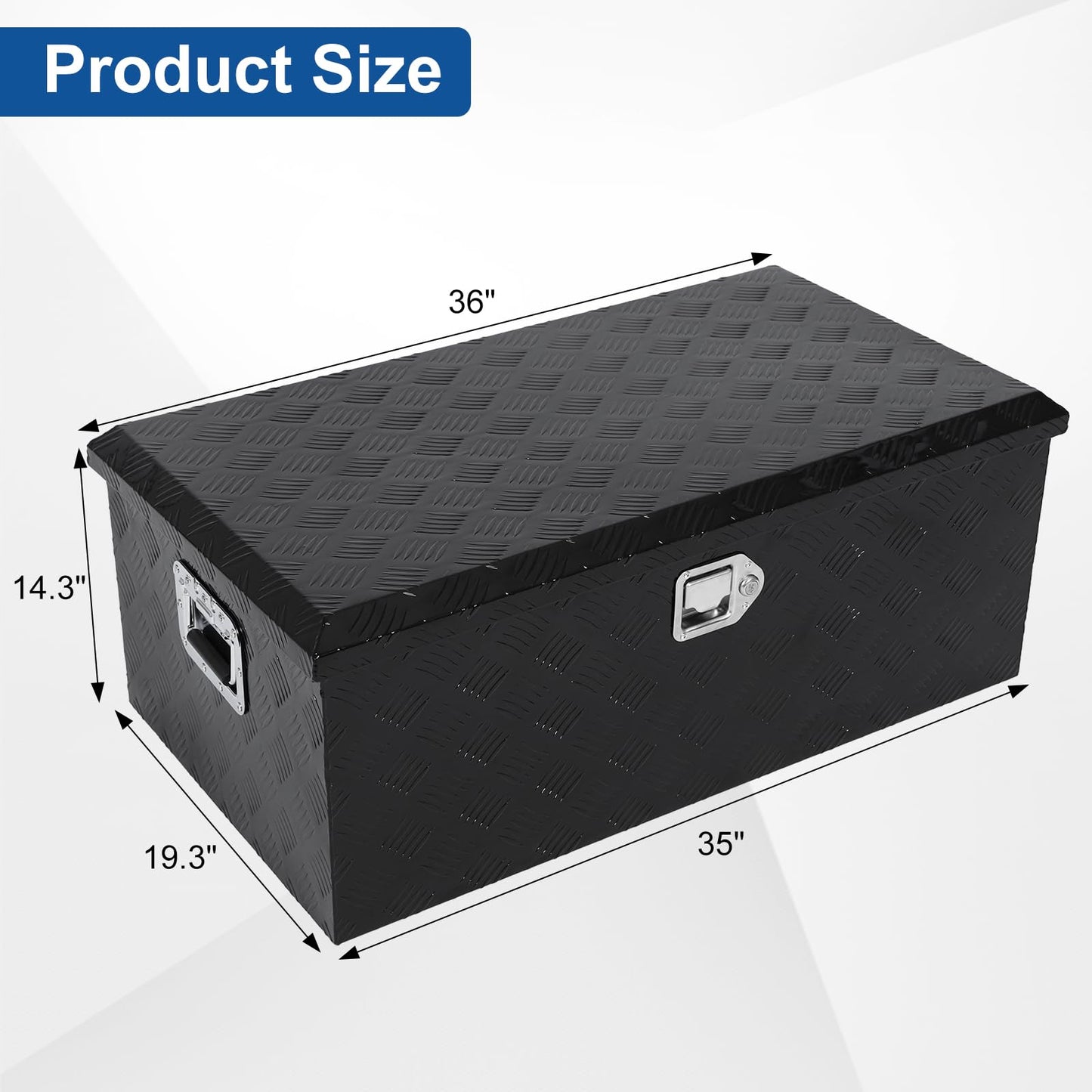 confote 35 Inch Aluminum Stripes Plated Tool Box Pick Up Truck Bed RV Trailer Toolbox Waterproof Square Storage Organizer with Lock and Keys - Black