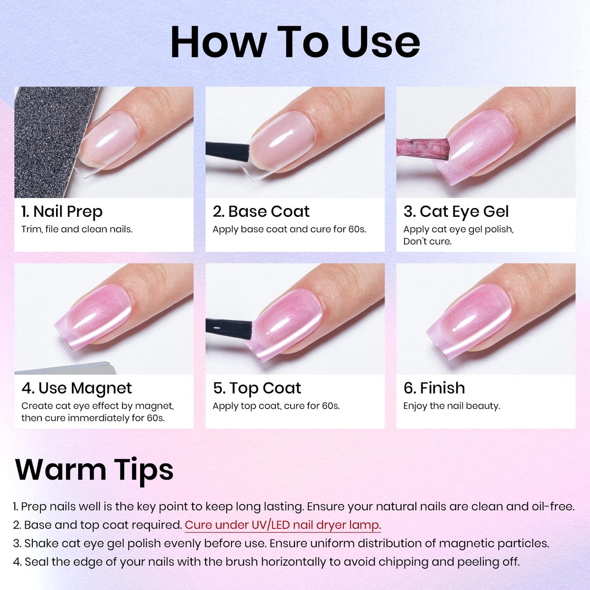 MIZHSE Cat Eye Gel Nail Polish, Moonlight 6 Colors Ceramic Magnetic Gel Polish Set with Magnet Stick, Crystal Silver Pink Green Blue Purple Magnetic French Nail Polish Kit Gift Set