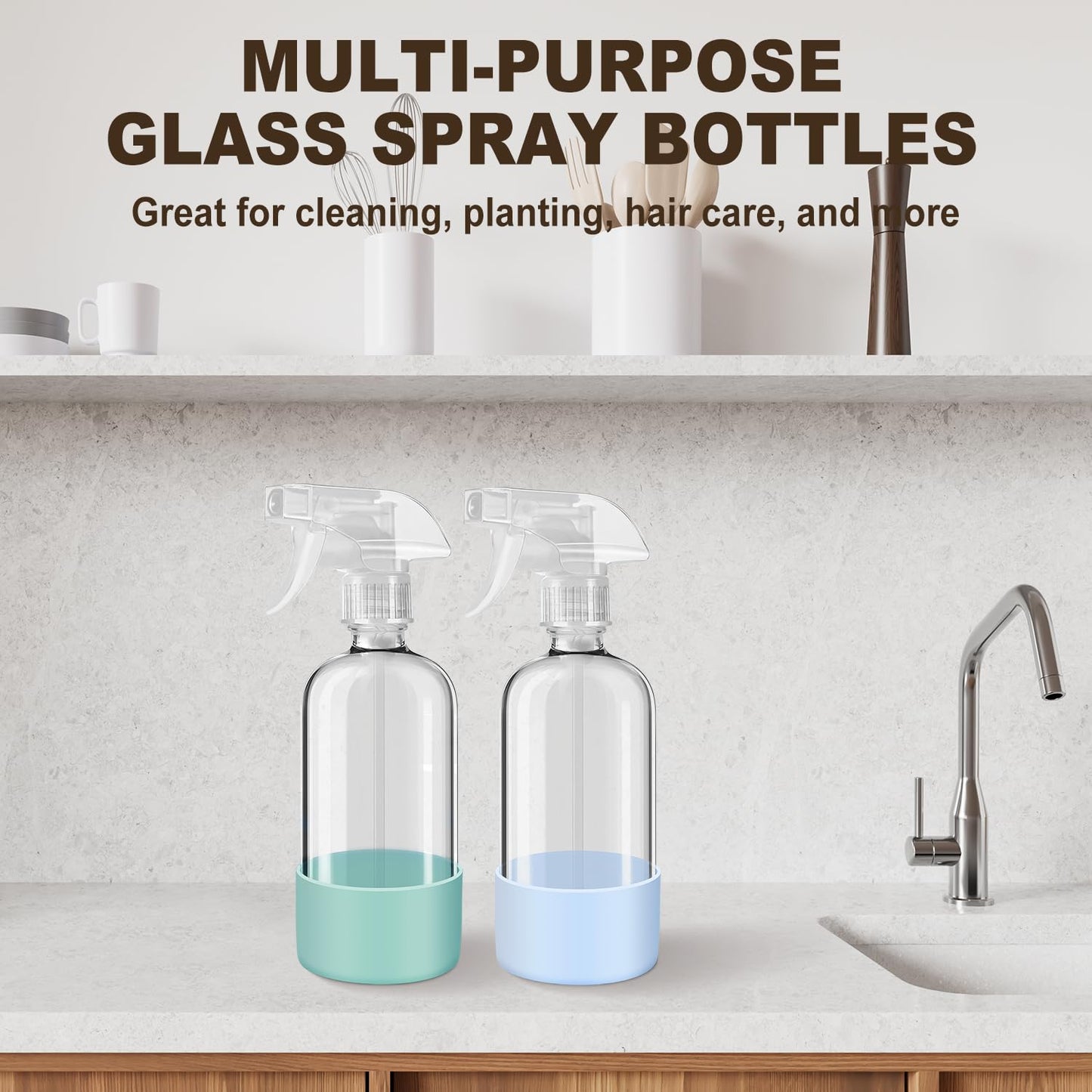 Glass Spray Bottles with Silicone Sleeves (2 Pack, 16 oz), Mist and Stream Empty Refillable Containers, Water Sprayer Misting Bottle for Cleaning Solutions, Planting, Hair Spraying, Green & Grey