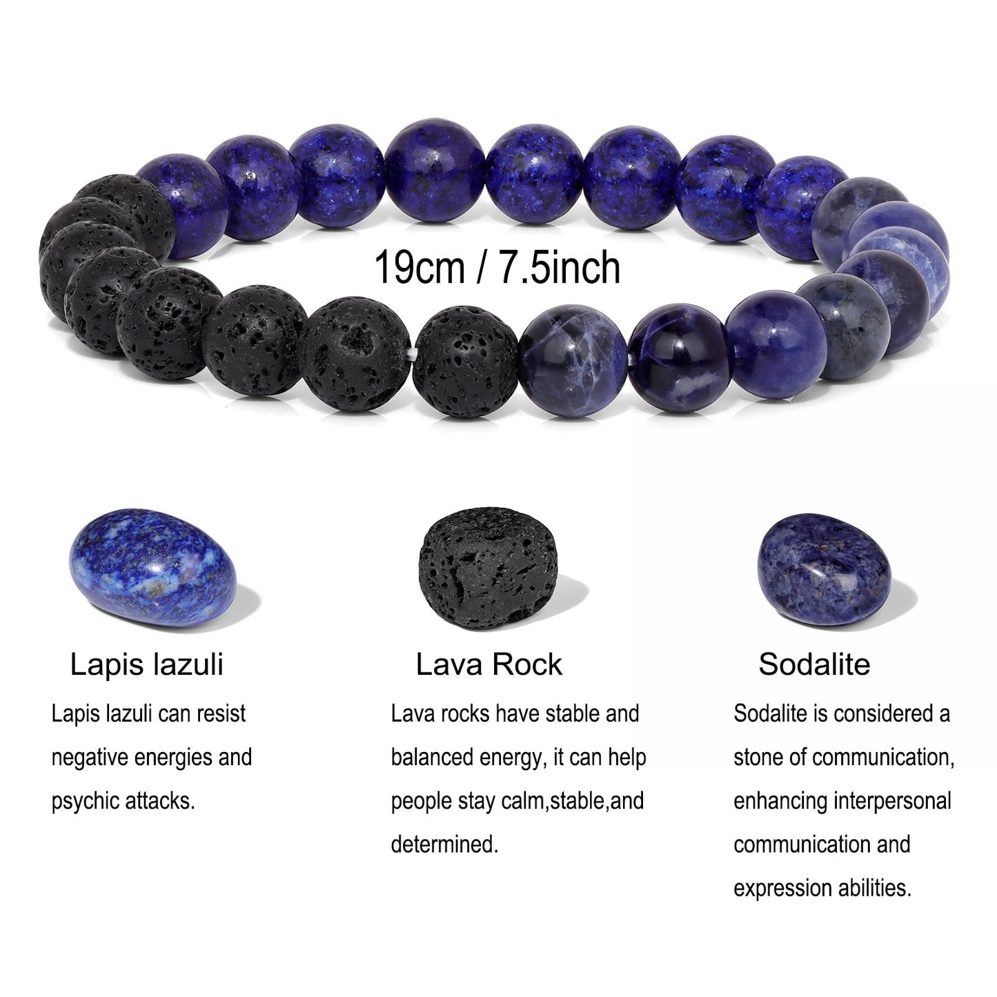 GolbalJew Natural Stone Beads Bracelet With Healing Stones Crystal Beginner Gift Set of 4 for Emotional Balance, Blue Lapis Lazuli, Lava Rock, Sodalite, Apatite, Turquoise, Amazonite, Obsidian, Hematite, Tiger's eye Palm Stones