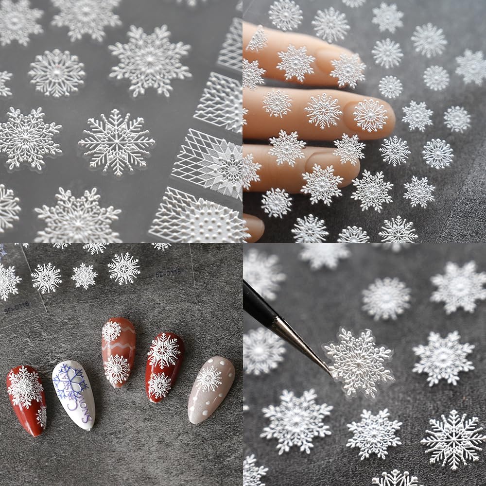 4 Sheets 5D Snowflake Nail Art Stickers Color Snowflakes Nail Decals White Snow Cover Christmas Tree Design Self-Adhesive Pegatinas Uñas Xmas Nail Stickers Winter Nail Decals for Women Nails